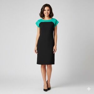 Talbots Ponte Knit Sheath Dress Medium Petite Cap Sleeve Color Block Green Black